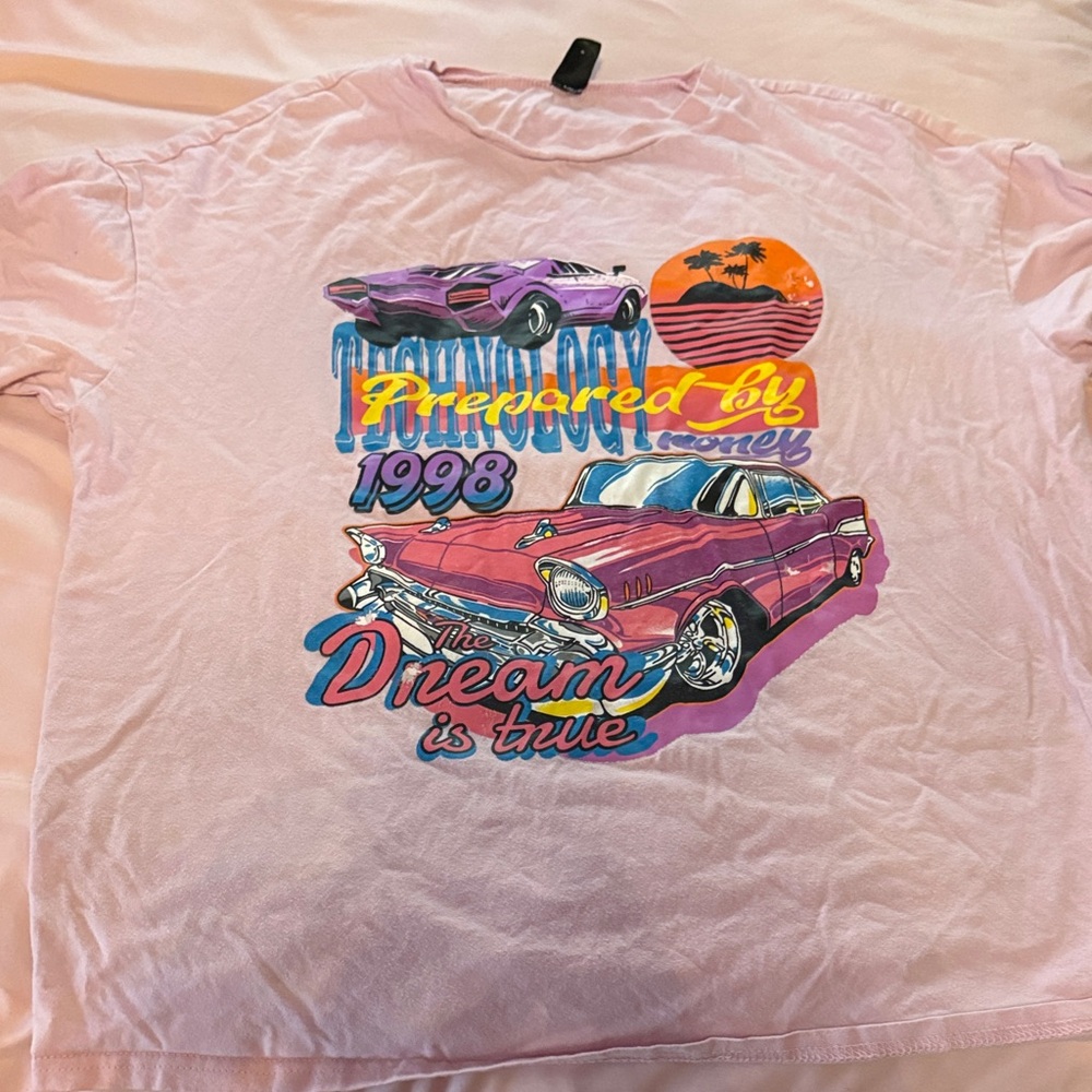 SHEIN Pink Graphic Tee with Retro Car Design